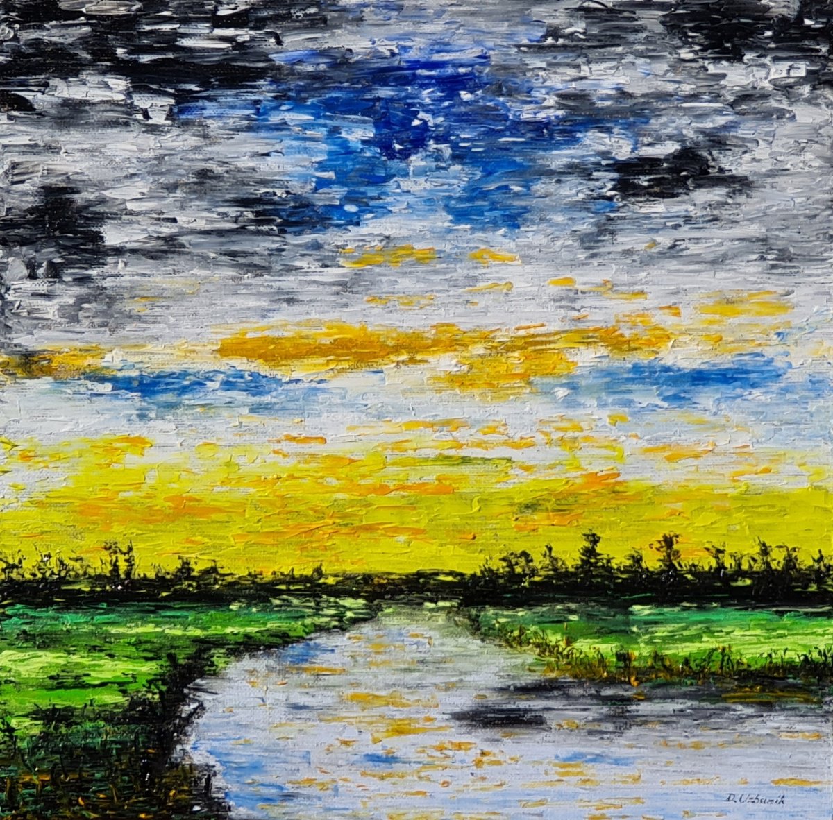 Impressionistic Landscape Oil Painting By Daniel Urbani?k, 12 X 12, Spring Lake, Original Artwork