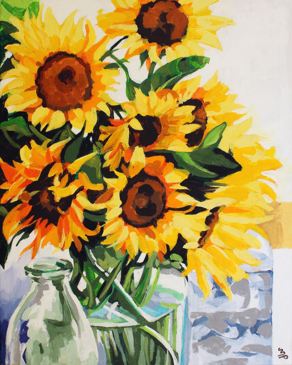 Impressionistic Still Life Acrylic Painting By Melinda Patrick, 16 X 20", Sunflowers In Glass, Original Artwork