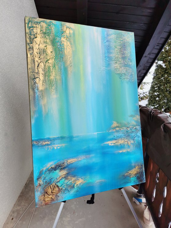 A XL large semi-abstract beautiful structured mixed media painting of a lake "Under the willow"