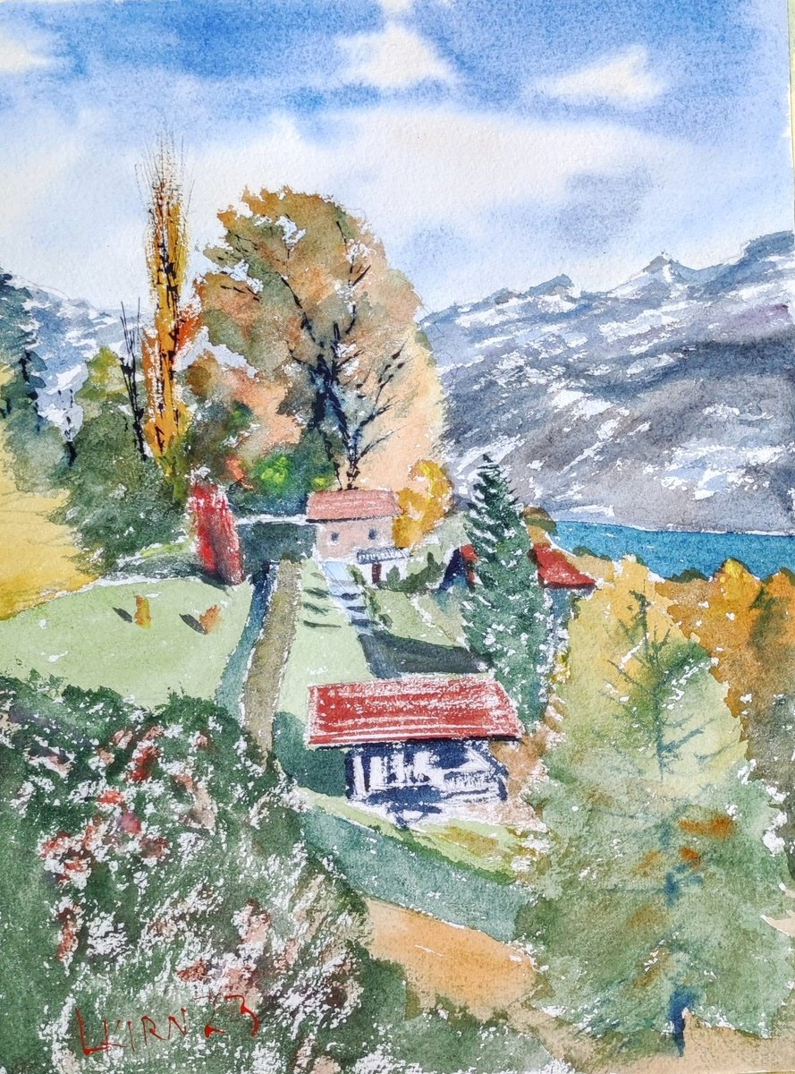 Impressionistic Landscape Watercolour By Leonid Kirnus, 10 X 14", Swirzerland, Original Artwork