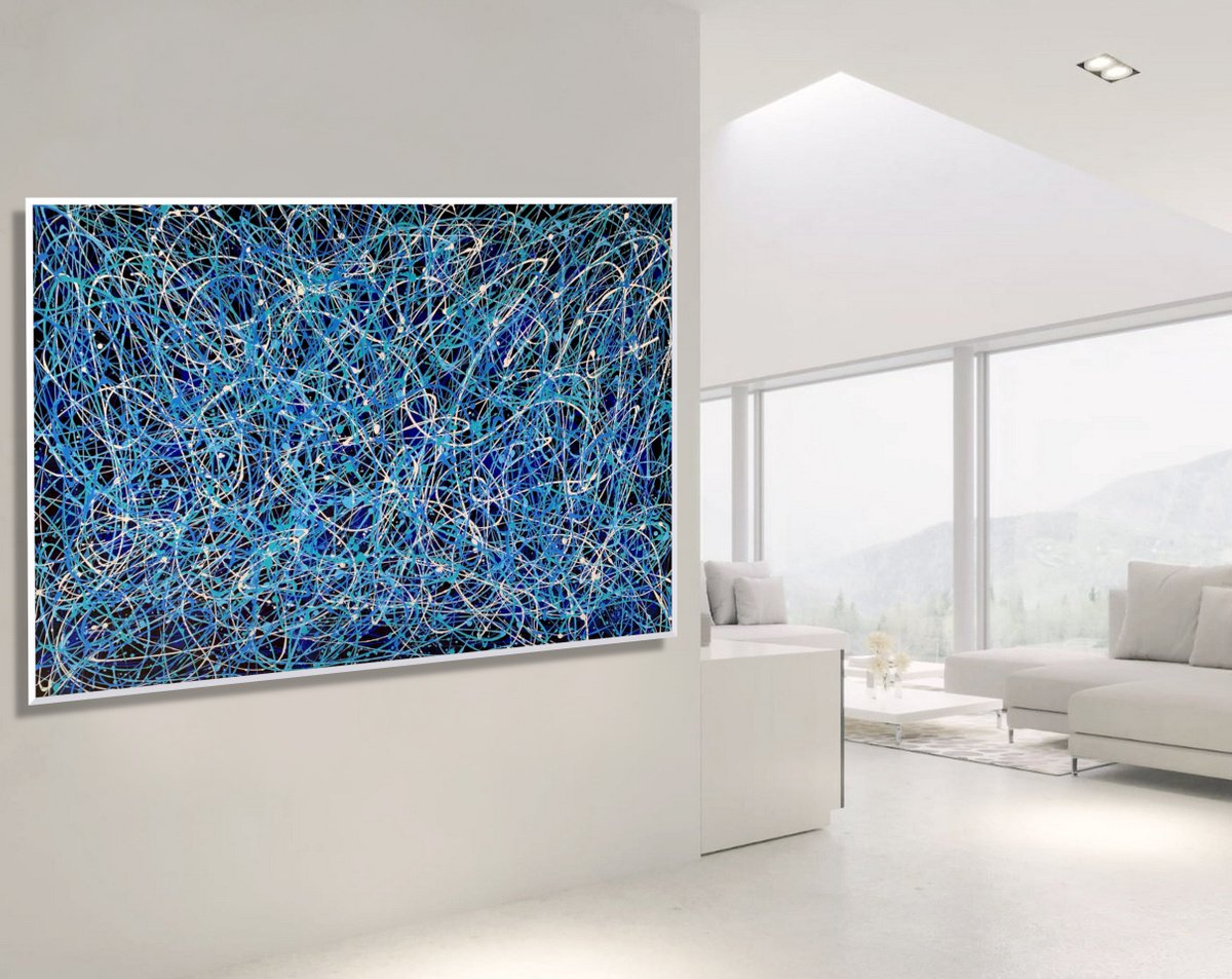 Abstract Acrylic Painting By Julijana Ravbar, 59 X 39", Blue Elegance, Original Artwork