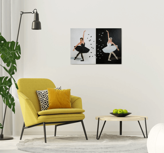 Black and White Swan. Ballet. Diptych /  ORIGINAL PAINTING