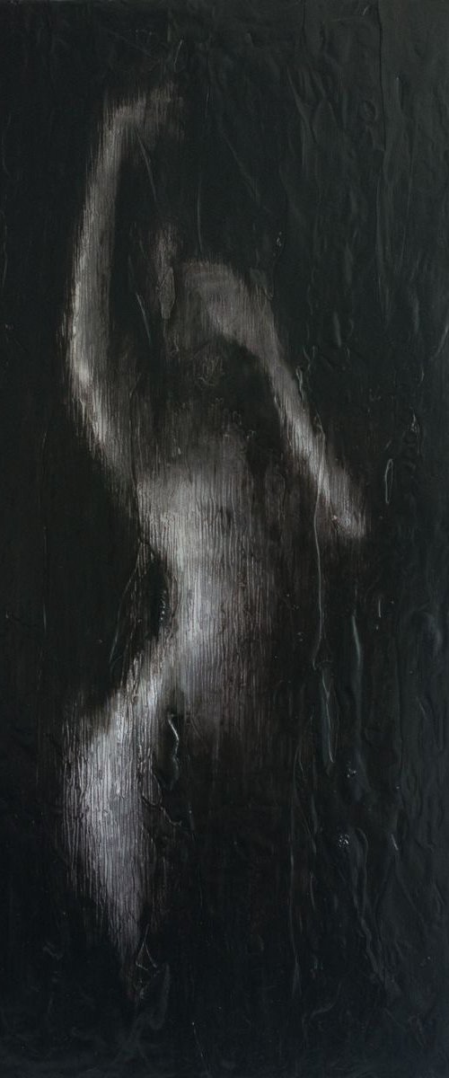 "Lady in dark" (80x35x2,5cm) - Unique portrait artwork on wood (abstract, portrait, gouache, original, painting, coffee, acrylic, oil, watercolor, encaustics, beeswax, resin, wood, fingerpaint) by Rouzbeh Tahmassian