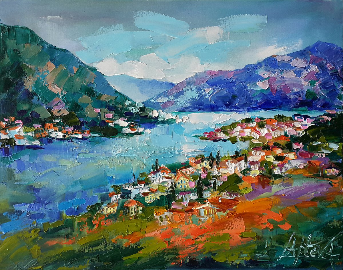 Expressive Landscape Oil Painting By Viktoria Lapteva, 20 X 16", ?oast Of The Adriatic Sea, Kotor, Original Artwork