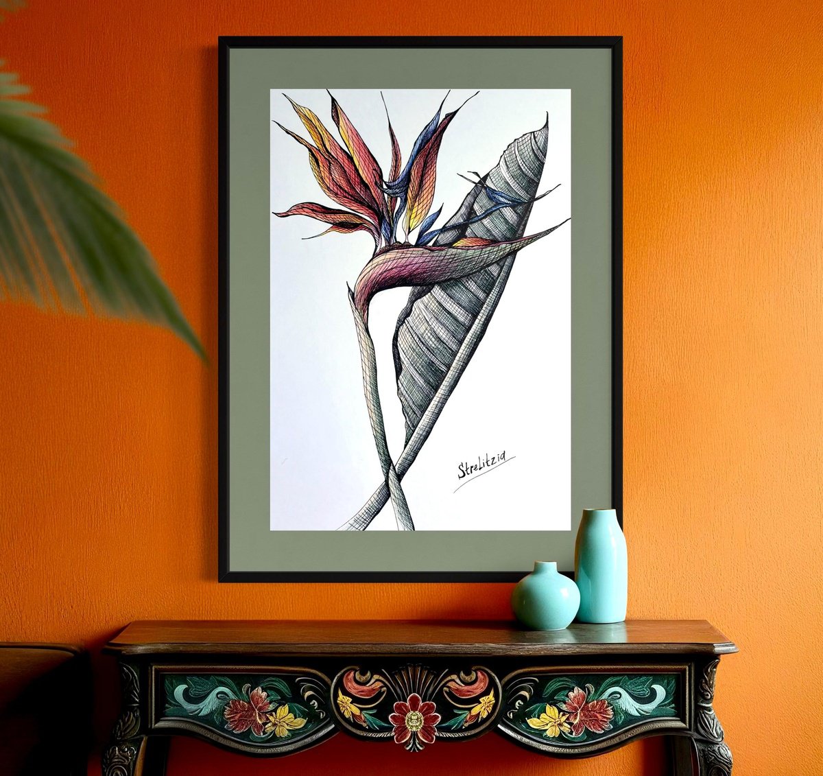 Illustrative Botanical Ink Drawing By Maria Tuzhilkina, 11 X 17", Orange Strelitzia Drawing, Original Artwork