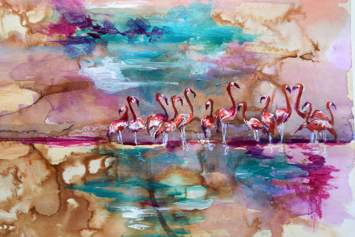 Flamingos / Watercolour by Anna Sidi-Yacoub