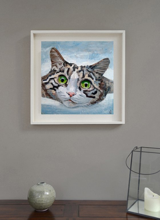 Tabby Cat Painting Pet Original Art Grey Cat Portrait Artwork Funny Animal Wall Art