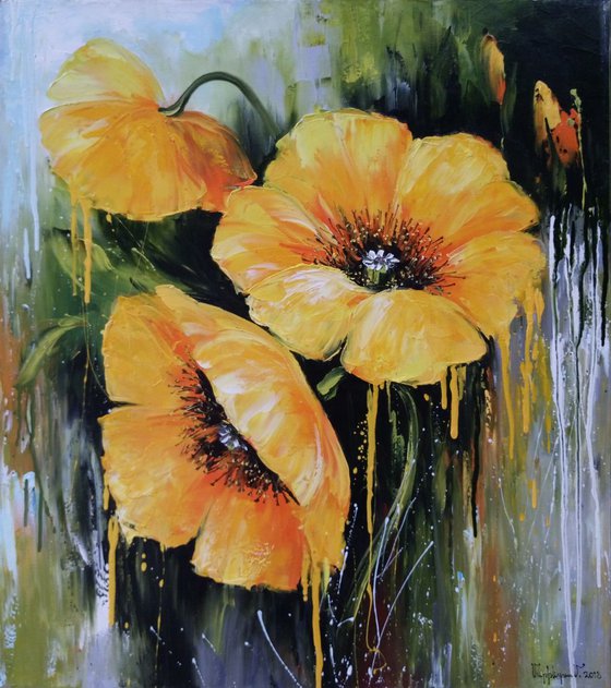 Yellow poppies(60x70cm, oil painting, palette knife, ready to hang)