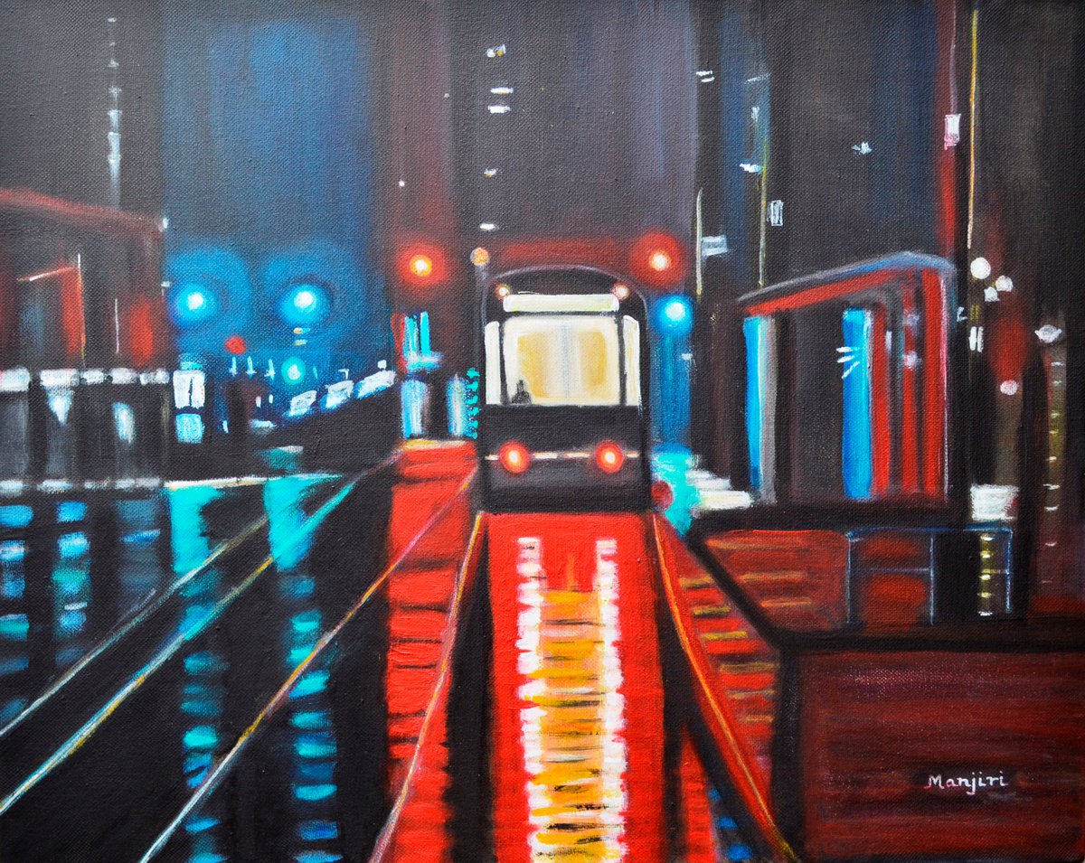 Wet Tram rainy Landscape on canvas by Manjiri Kanvinde