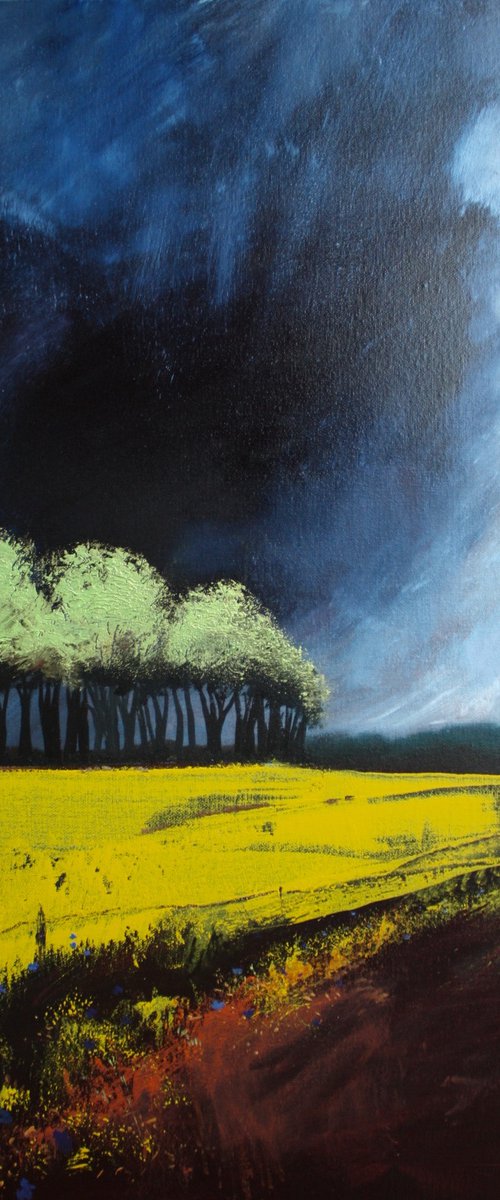 Among Blue Poppies Storm Coming (Surreal Landscape Oil Painting) by Simon Jones