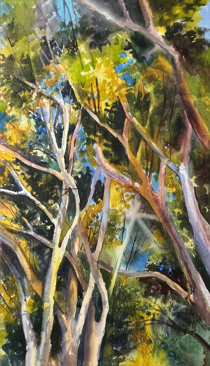 Impressionistic Landscape Watercolour By Maria Kireev, 15 X 25", Emerald In The Sun, Original Artwork