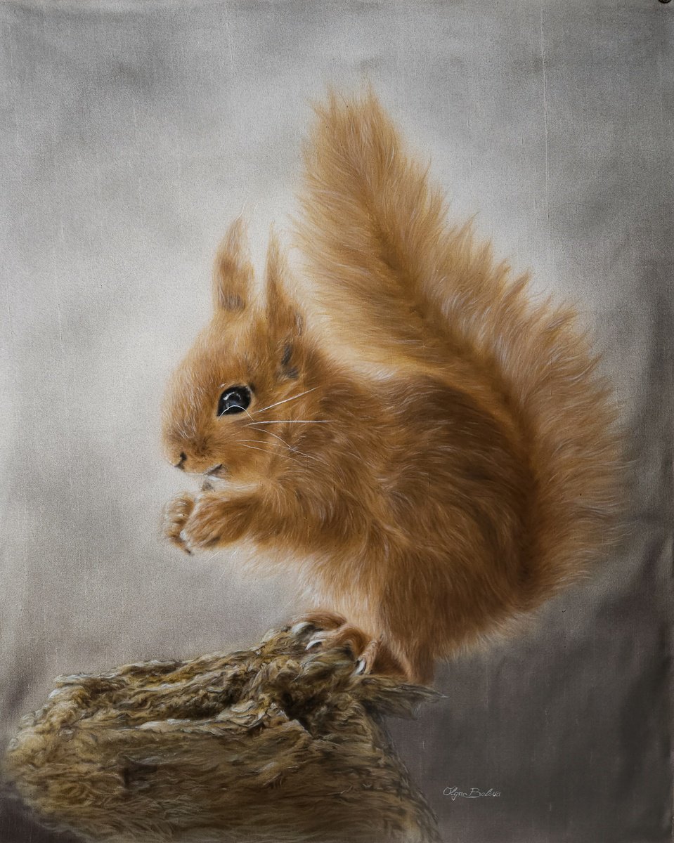 Fluffy Silk painted squirrel portrait by Olga Belova