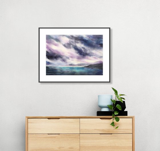 Impressionist sea and sky, landscape watercolor painting