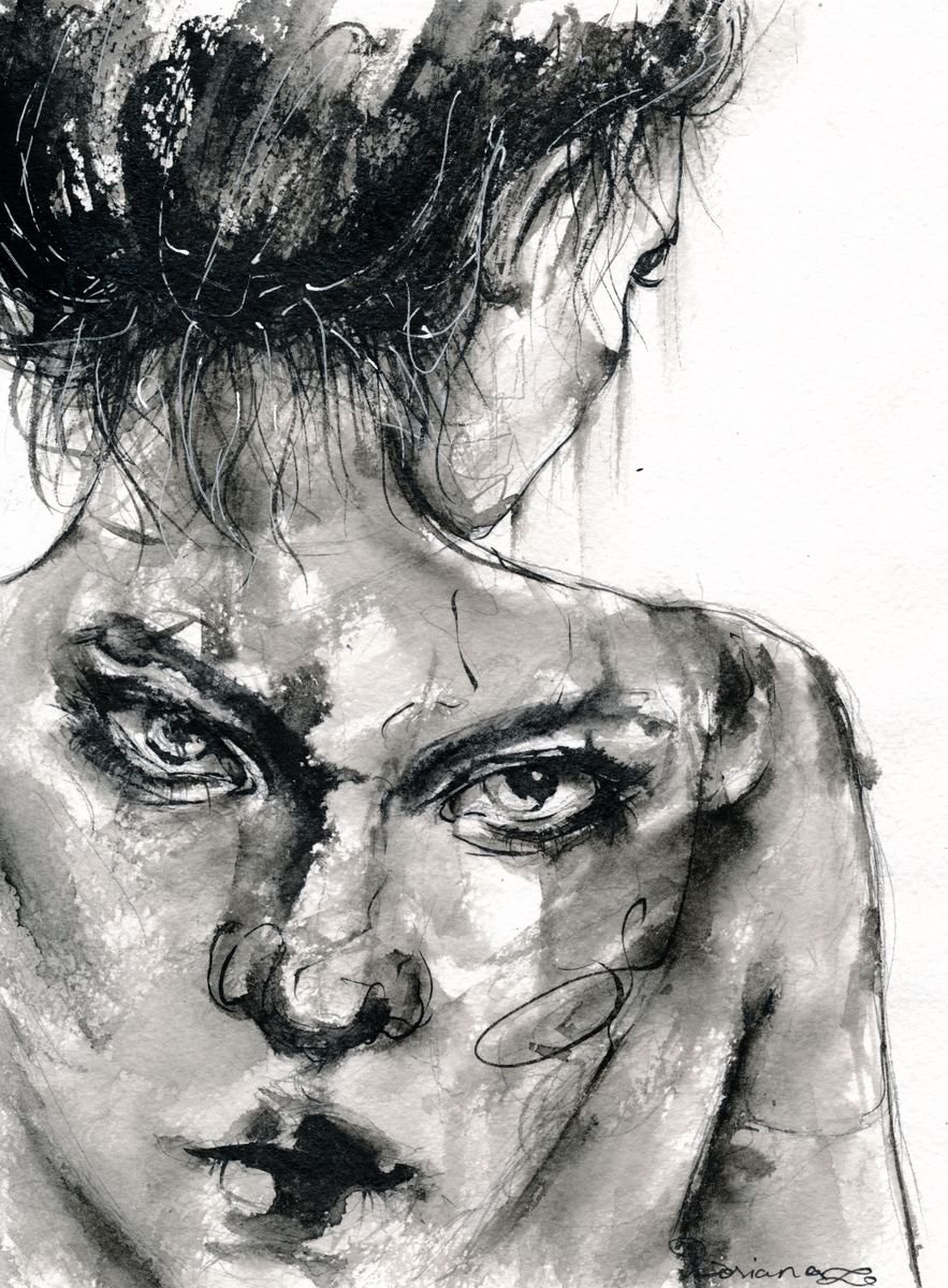 Expressive Portrait Ink Drawing By Doriana Popa, 7 X 9, Guarded, Original Artwork