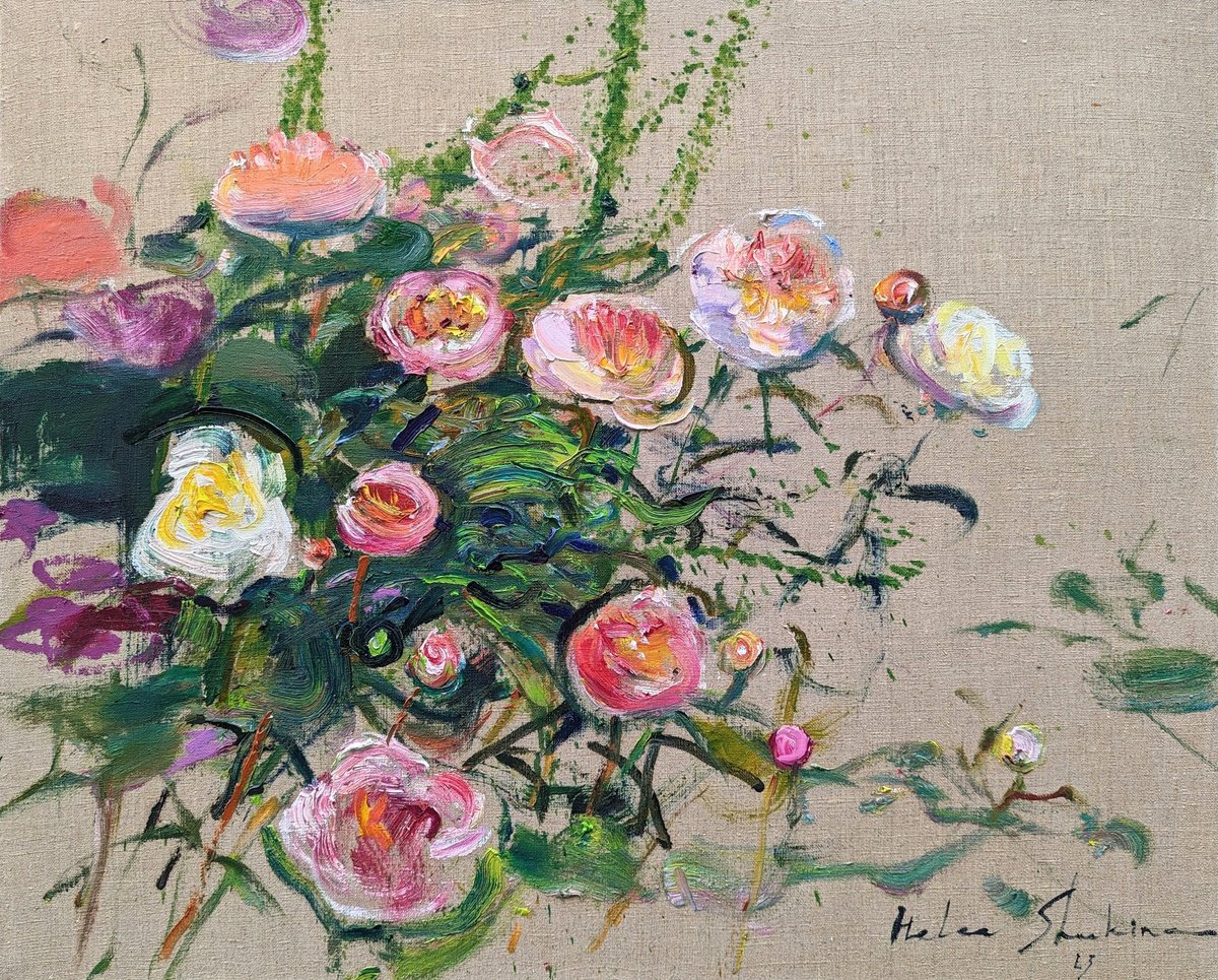 Peonies on linen canvas . Flowers a la prima . Original oil painting by Helen Shukina