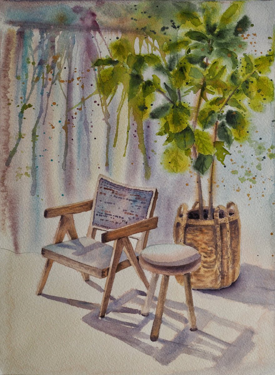 Interior sketch - original watercolor - light, sunny, shadow home by Delnara El