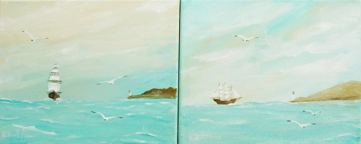 Impressionistic Landscape Acrylic Painting By William F. Adams, 20 X 8", Turquoise Waters, Original Artwork