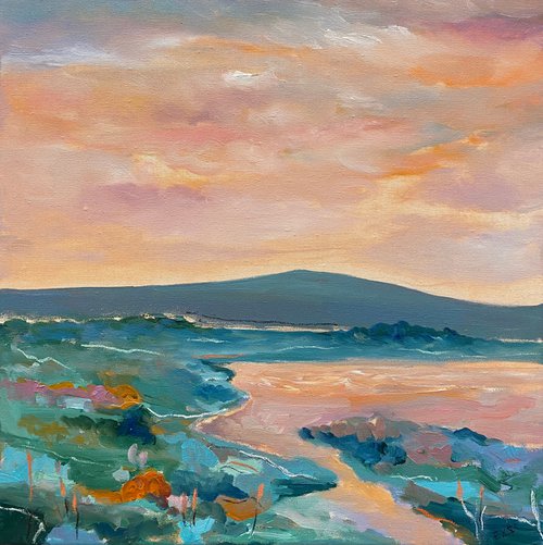 Sunset by the lake II — contemporary landscape with optimistic and positive energy on stretched canvas by ILDAR M. EXESALLE