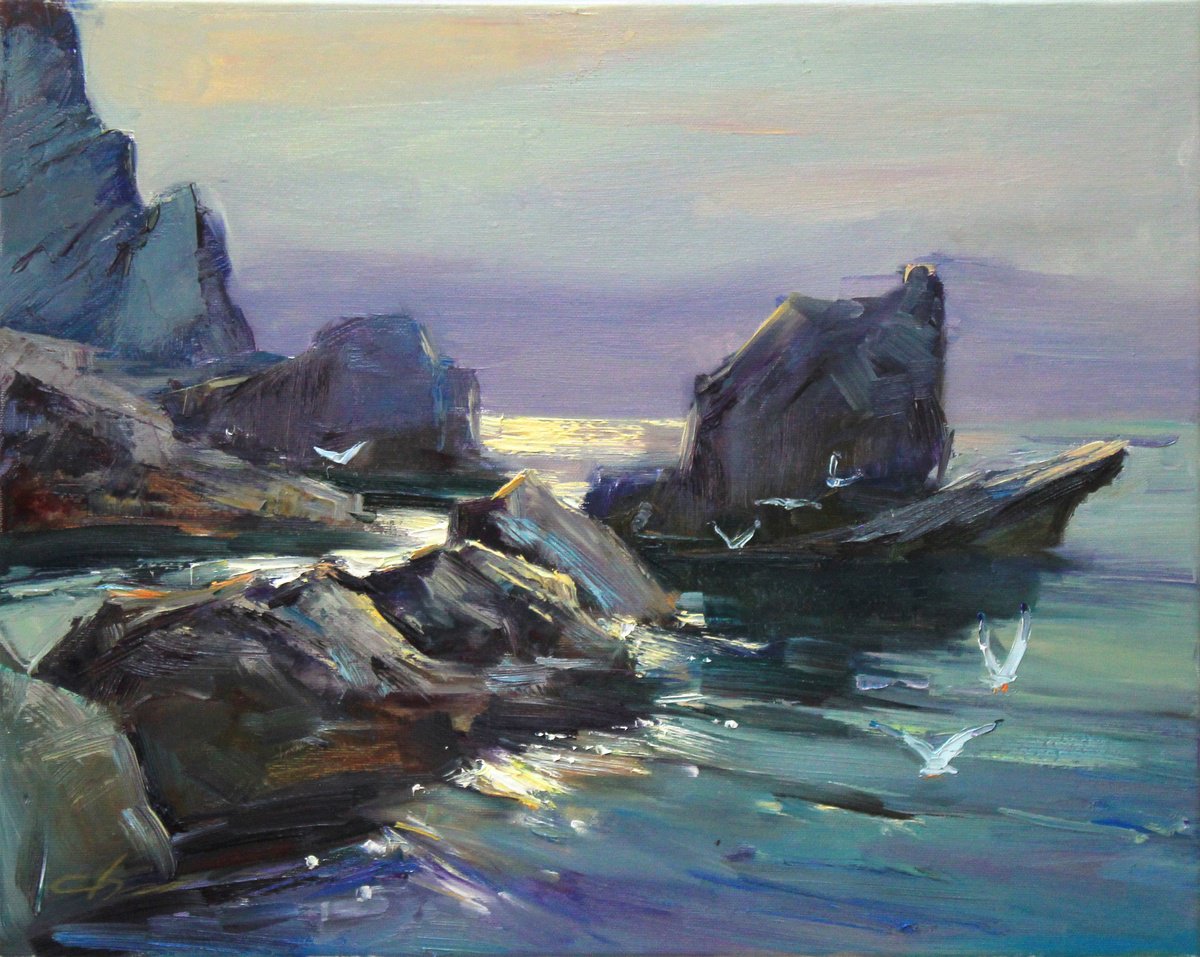 Impressionistic Landscape Oil Painting By Serhii Cherniakovskyi, 19 X 16", Sea Shore, Original Artwork