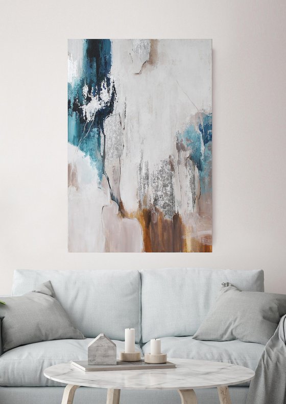 "Silver Flow" Navy silver abstract wall art