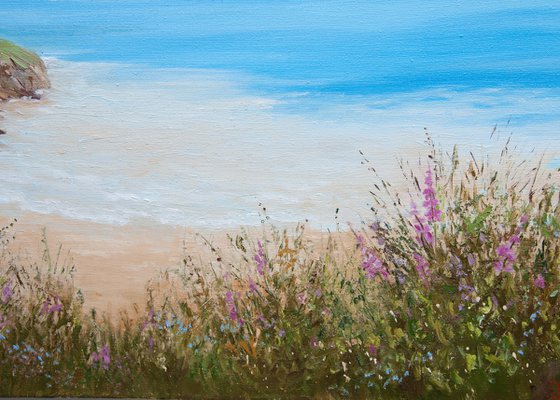 Hills and sea. Oil painting. Seascape. Original Art. Large canvas. 28 x 36.