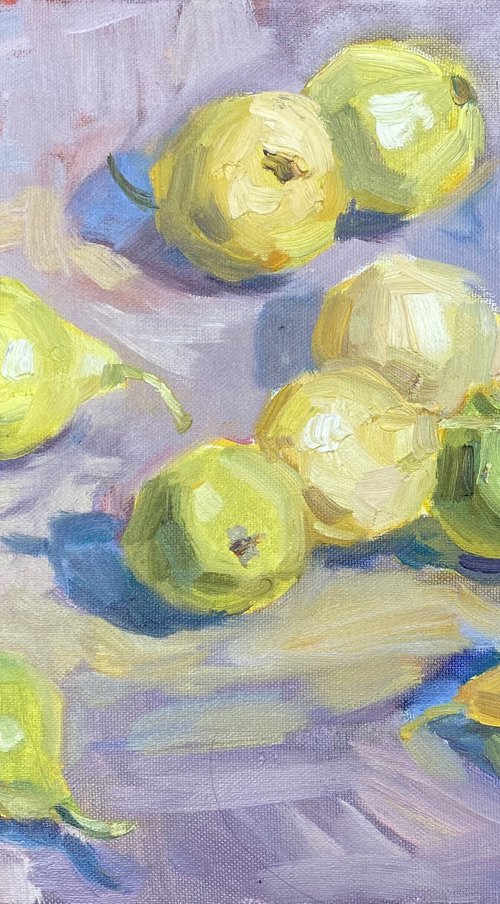 Yellow pears on violett by Nataliia Nosyk