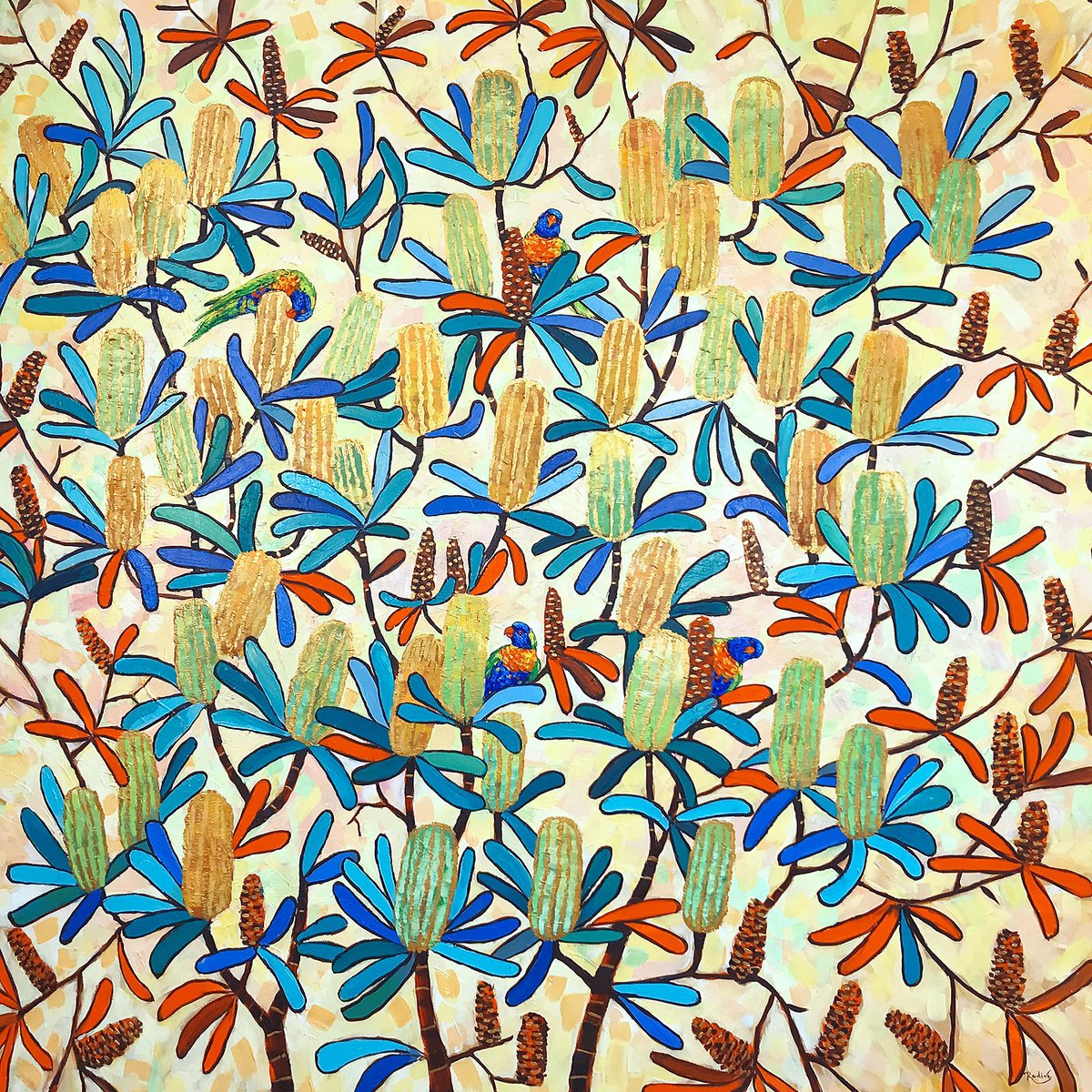 Impressionistic Botanical Acrylic Painting By Irina Redine, 54 X 54, Rainbow Lorikeets In Banksia, Original Artwork