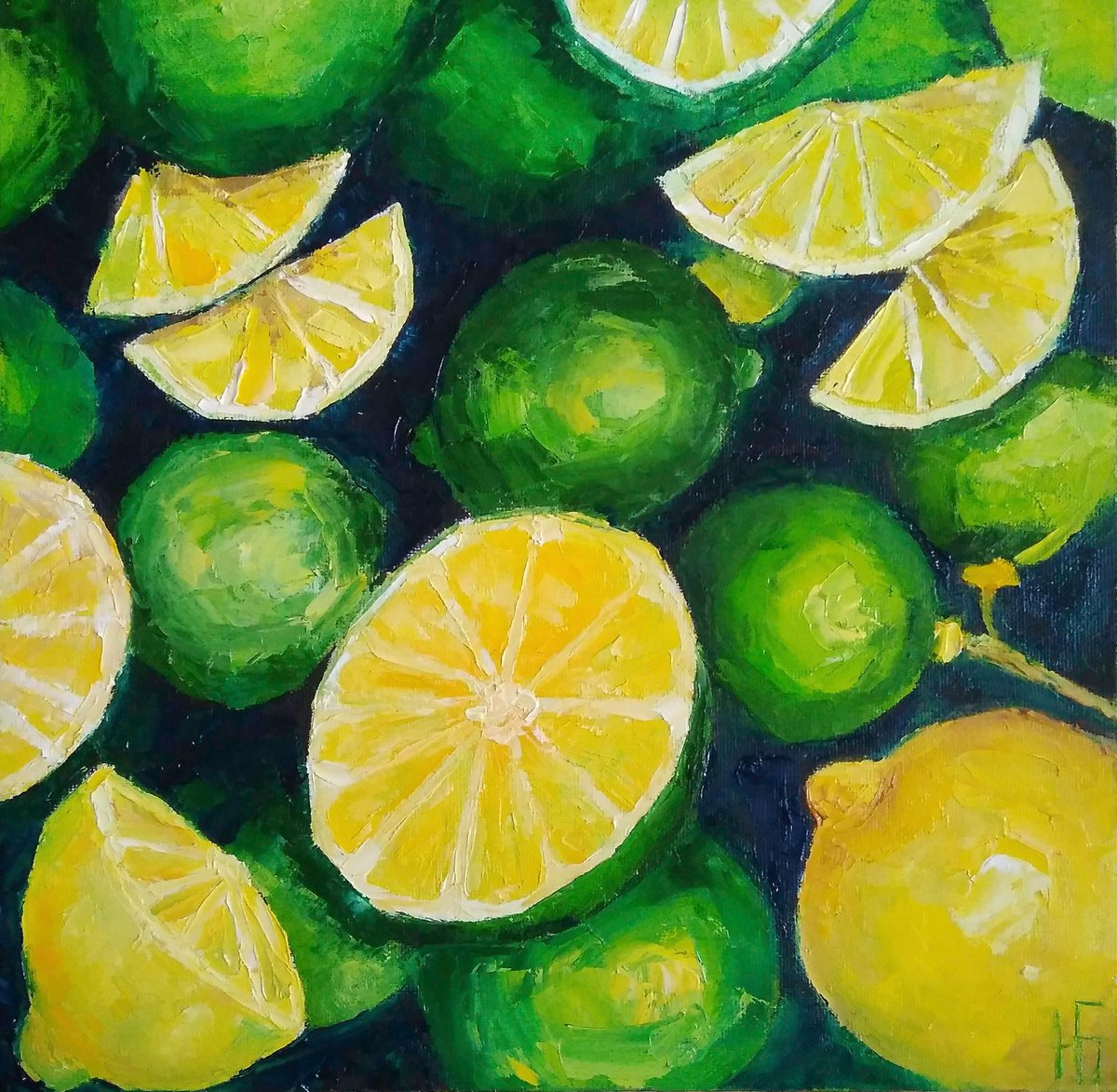 Still life with lemons and limes Original art green yellow by Yulia Berseneva