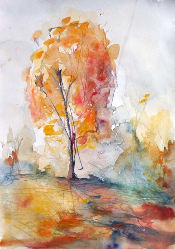 Autumn Tree - Framed Watercolor Painting by Georgi Nikov