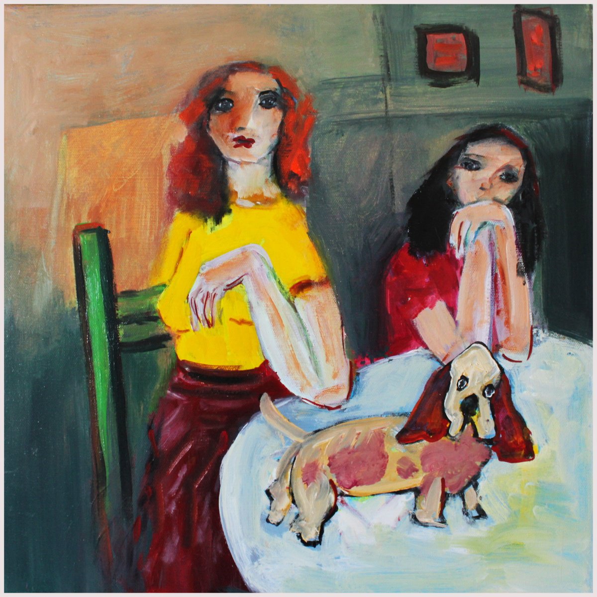 Expressive Portrait Oil Painting By Victorine Follana, 16 X 16", A Table, Original Artwork