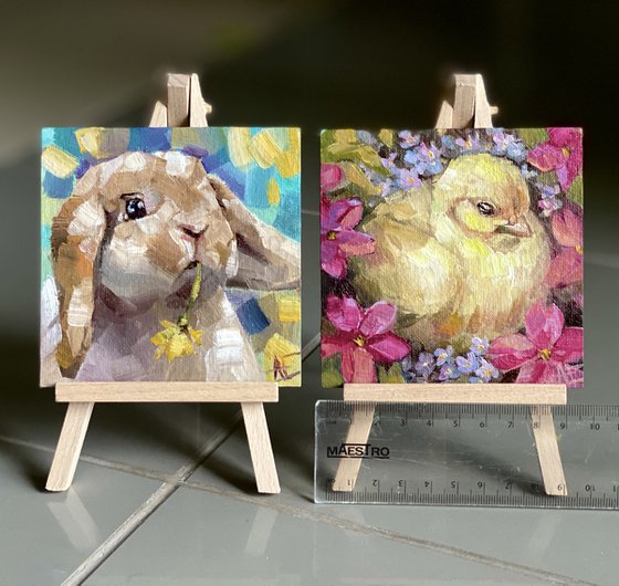 Set of 2 Easter small gift paintings on tiny wooden easels. rabbit and chick spring original pocket paintings.