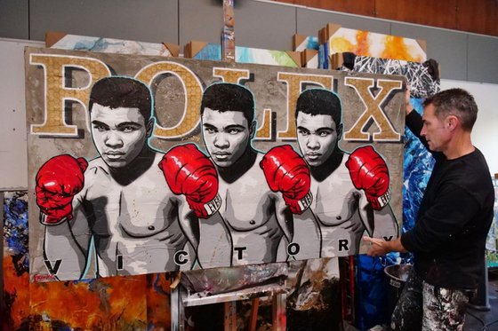 Seeing Triple 190cm x 100cm Muhammad Ali Concrete Textured Urban Pop Art