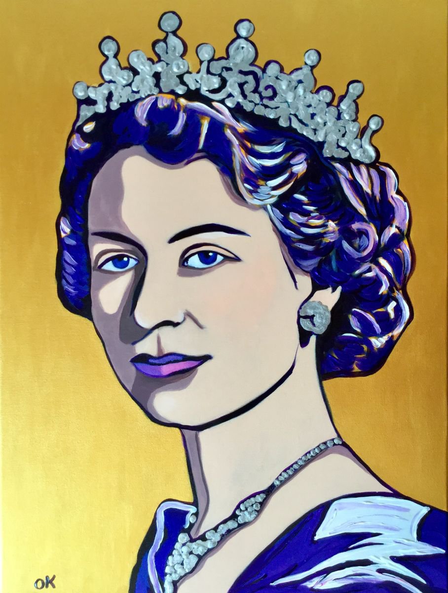Queen. Portrait. Acrylic large size painting on golden background by Olga Koval