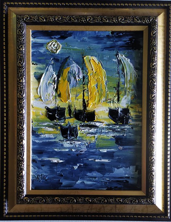 Yachts, original boats, sea painting, framed gift idea, home decor