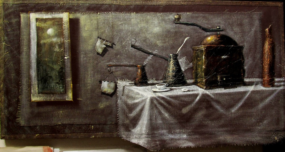 Surrealistic Still Life Oil Painting By Serhiy Roy, 28 X 14", 3D Coffee Still Life I ., Original Artwork
