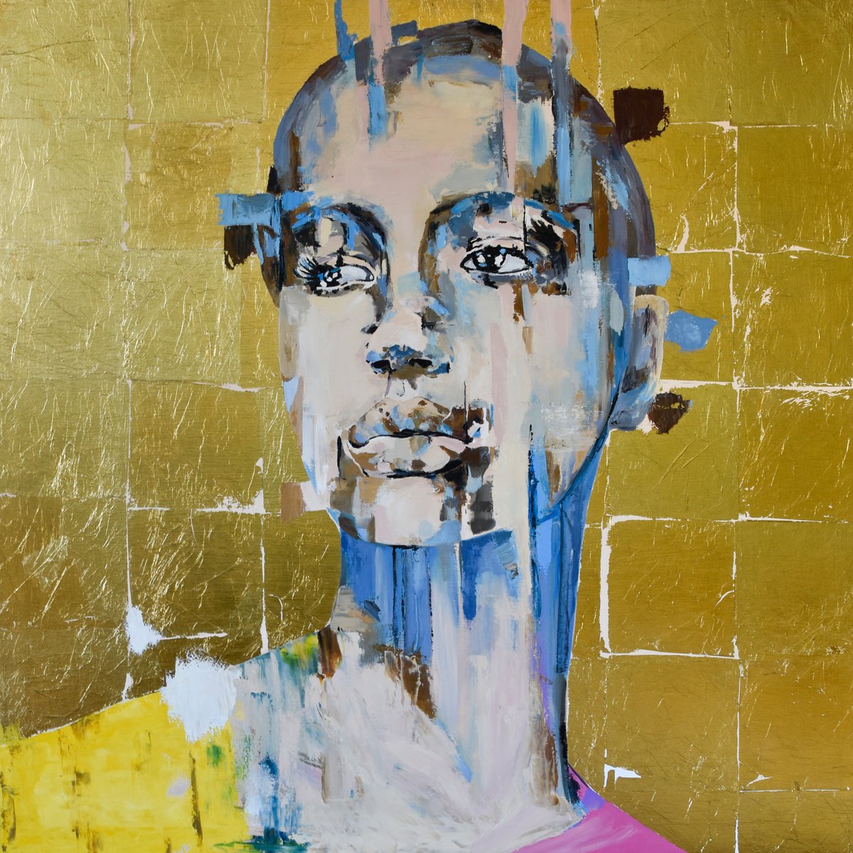 Portrait Oil Painting By Elina Zelena, 39 X 39, Portrait Of A Girl In Gold, Original Artwork