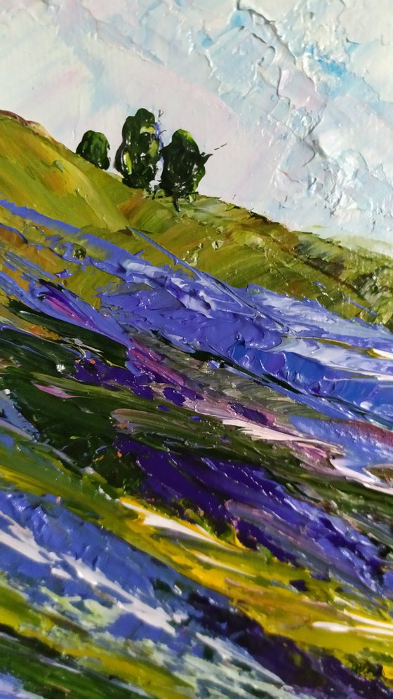 Lavender, small impasto oil painting, landscape art for home