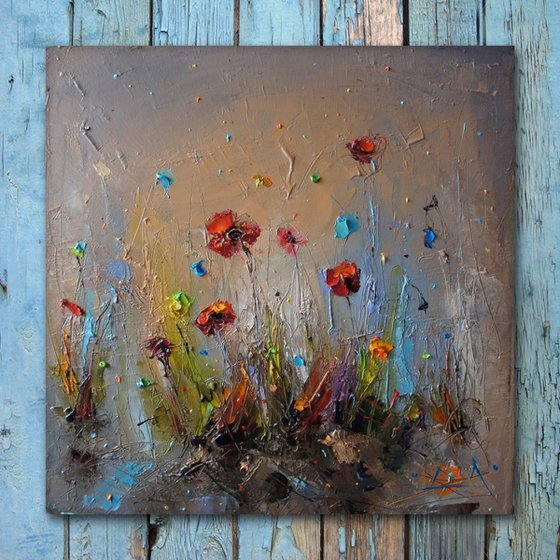 After the rain, Modern  landscape Poppies painting, free shipping