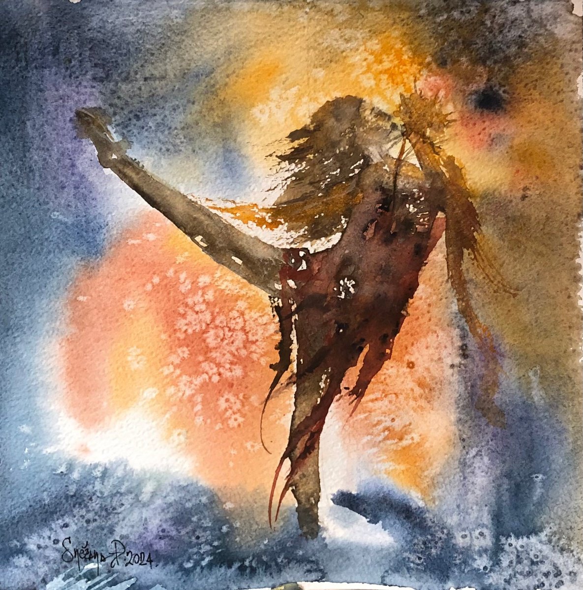 Impressionistic Portrait Watercolour By Snezana Djordjevic, 10 X 10", Dancing On The Clouds, Original Artwork