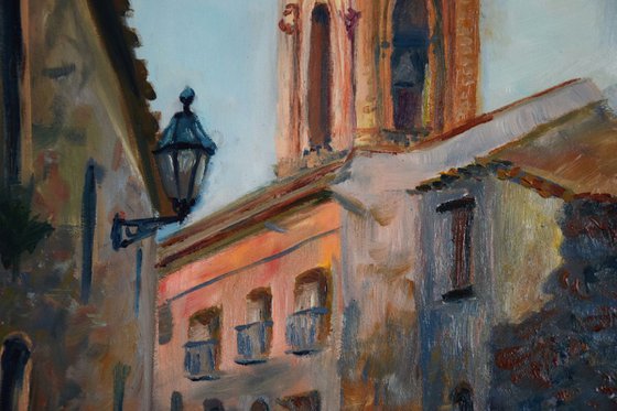 Original oil painting on canvas Italian street, Erice