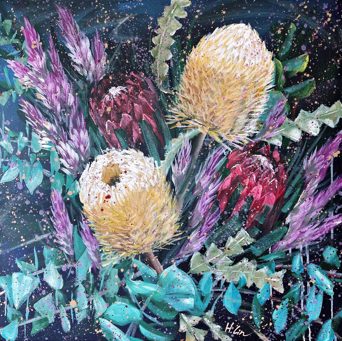 Forevermore - Acorn Banksia, Protea pink ice and Flamingo Celosia By HSIN LIN by HSIN LIN