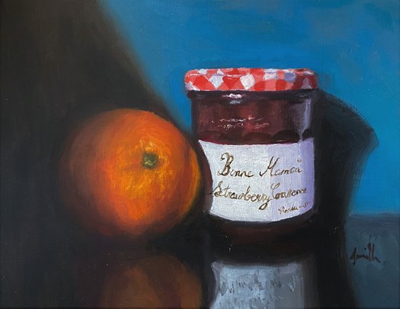 Original oil painting orange and strawberry jam jar, still life.