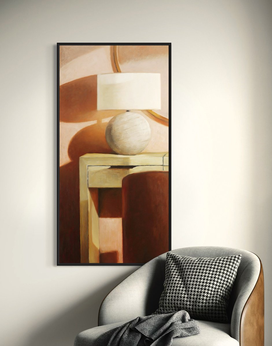 Impressionistic Still Life Oil Painting By Bo Kravchenko, 25 X 49, Pink Wall Shadows, Original Artwork