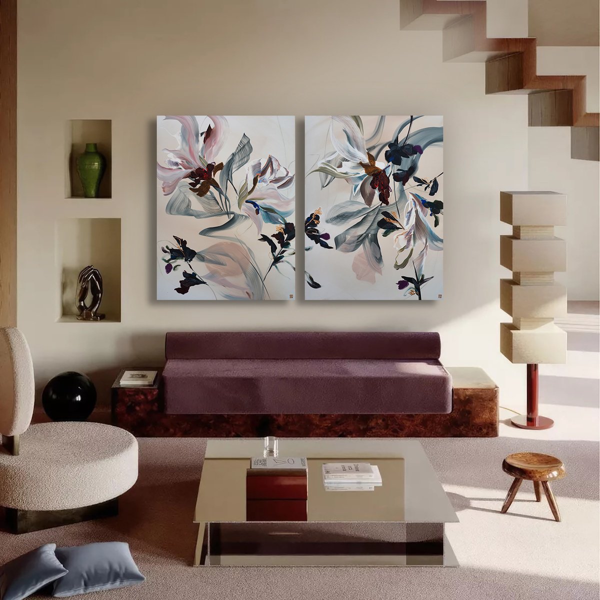 Abstract Acrylic Painting By Novi Lim, 74 X 48", Pass The Hours Unwinding Diptych, Original Artwork