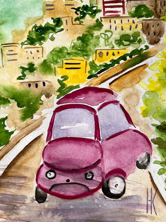 Italy Painting Retro Car Original Art Mediterranean Watercolor Riviera Artwork Home Wall Art 8 by 12 by Halyna Kirichenko