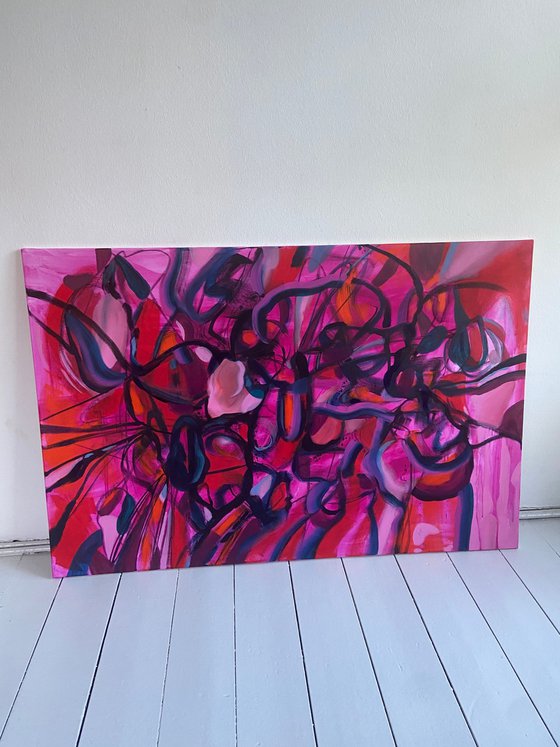 FULL ON- a large scale xxl dynamic red pink expressive abstract painting