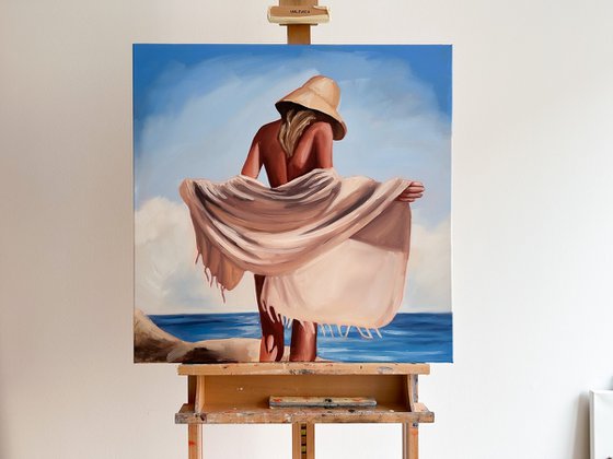 Girl with Beige Towel - Woman on Beach Painting