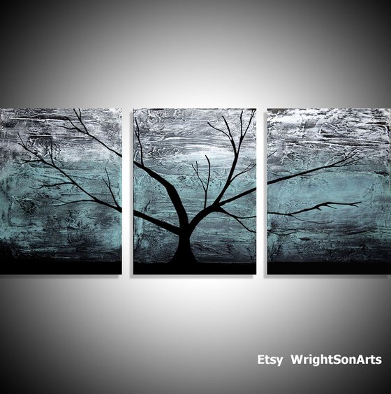 triptych multi color 3 panel wall art color turquoise black white impasto tree in wood "The Tree of life" turquoise edition 3 panel wall abstract canvas abstraction 48 x 20 " other sizes available
