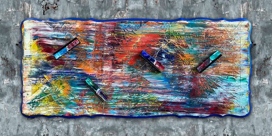 "A Hard Pill To Swallow" - Original PMS Mixed Media Assemblage Sculptural Painting on Recycled Wooden Coffee Table, - 50 x 22 inches