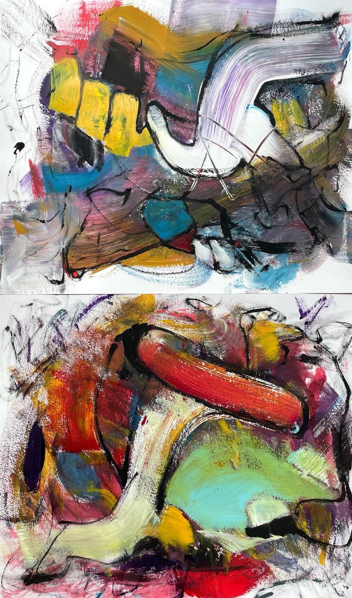 Organic Abstract Acrylic Painting By Christel Haag, 24 X 39, What´s Up (Diptych), Original Artwork